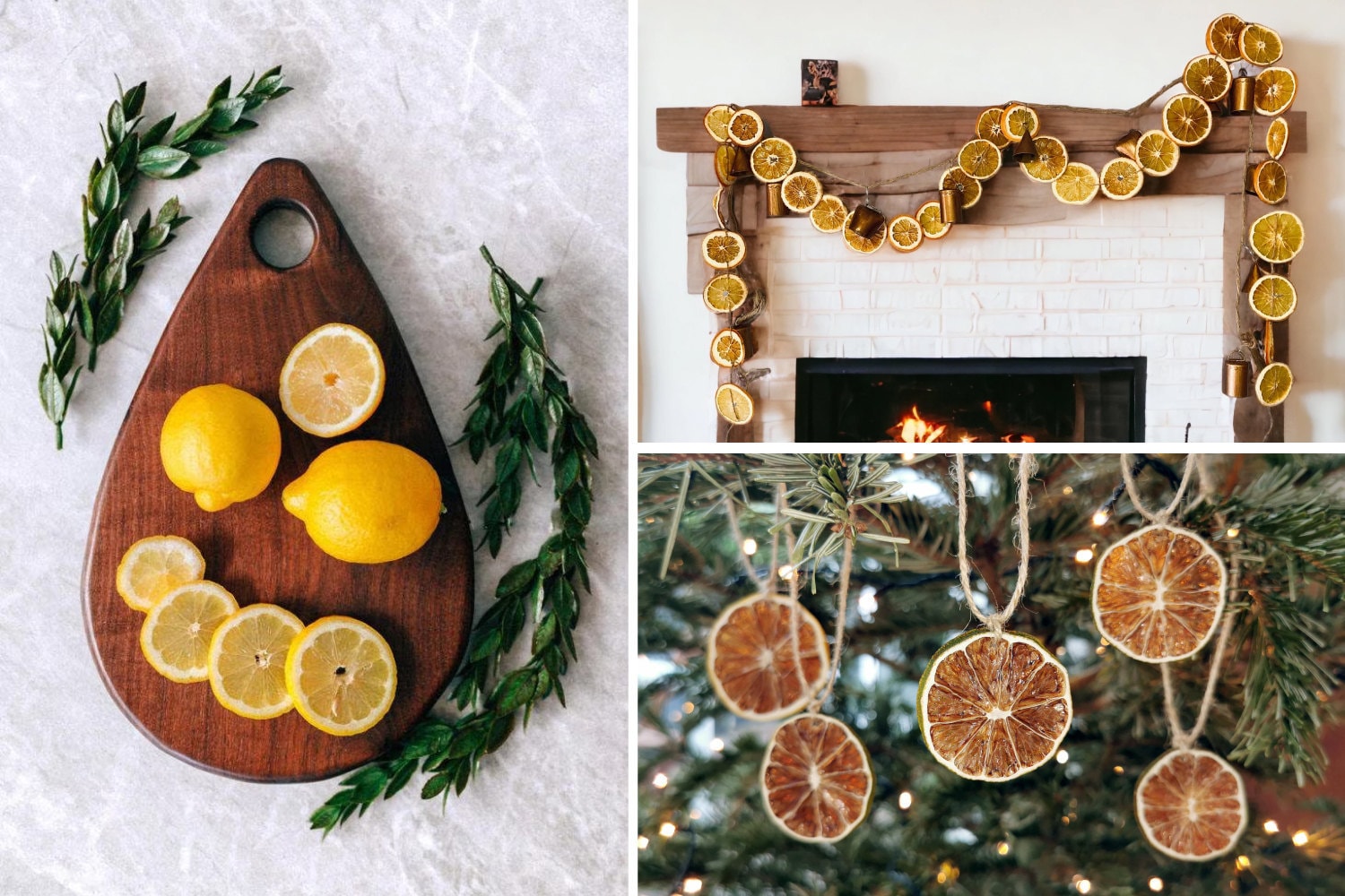 A wooden cutting board with sliced lemons, a dried citrus garland over a fireplace mantel, and dried citrus ornaments on a tree