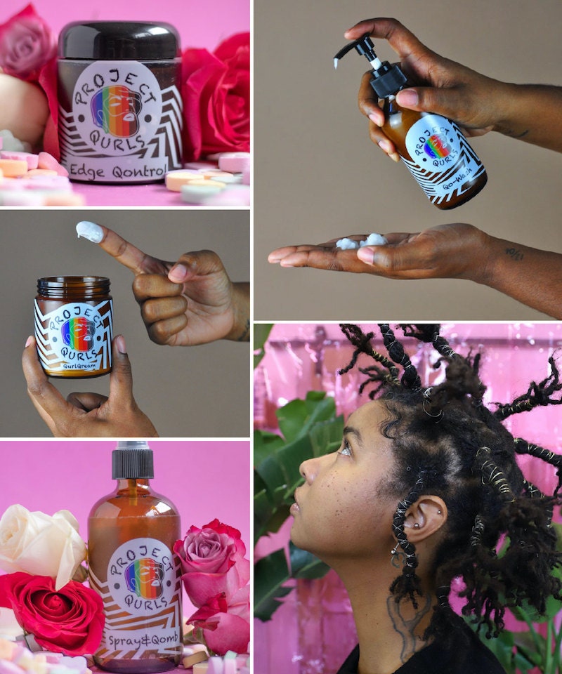 A collage of hair care products from Project Qurls pictured alongside founder Madin Lopez