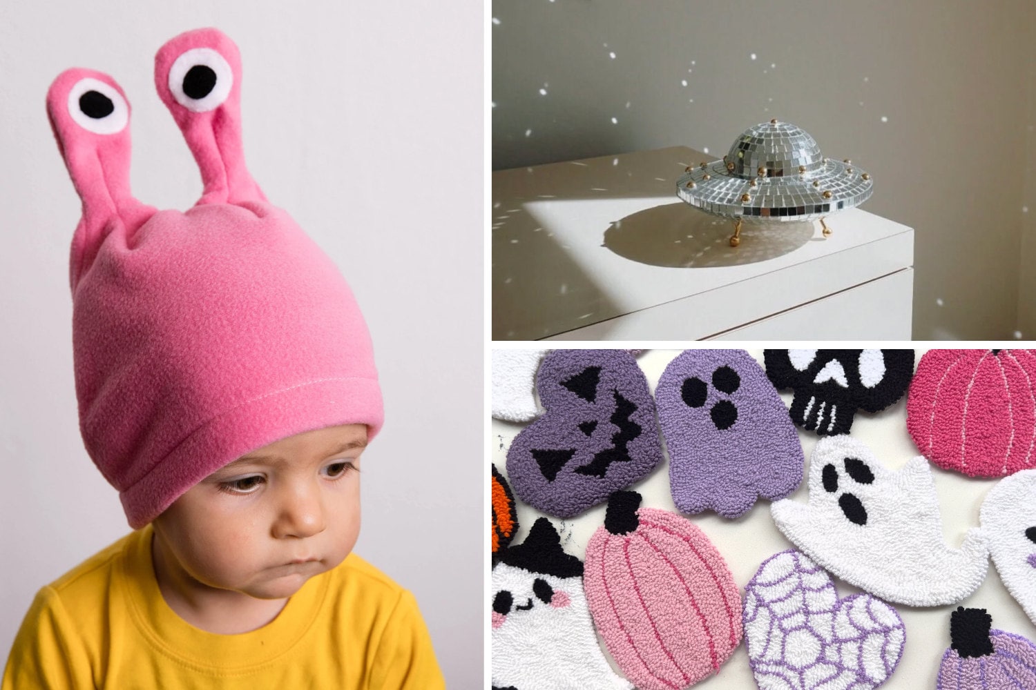 A little kid in a pink hat with catroonish eyes, a flying saucer covered in disco ball mirrors, and pastel punch needle coasters in halloween shapes