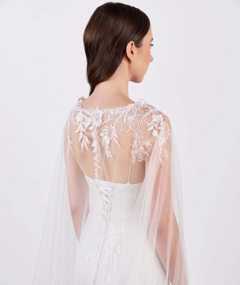 Floor length lace bridal cape