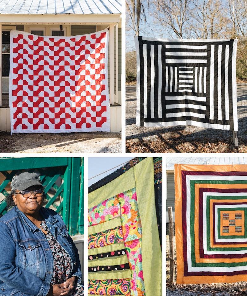 A collage of Gee's Bend quilter Lue Ida McCloud and her quilts.