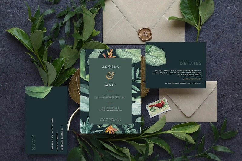 Tropical foliage wedding invitations from Etsy