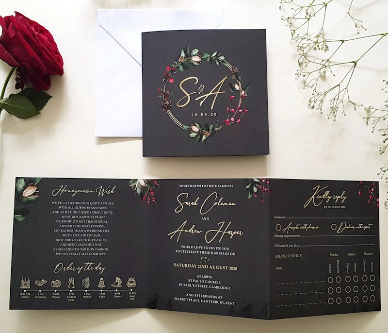 Holly and berry wreath wedding invitation