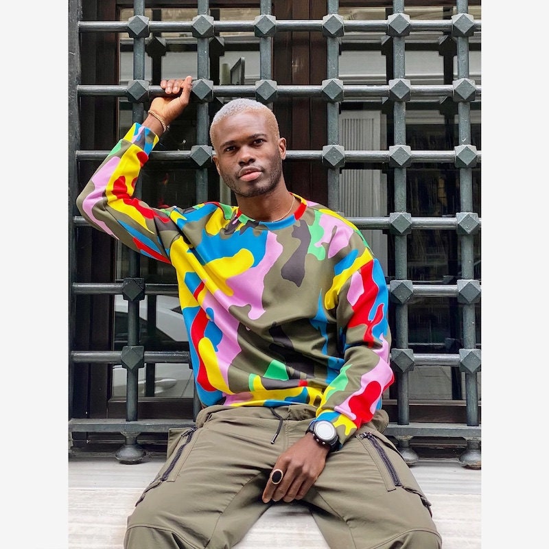 Bright multicolor camouflage print sweatshirt for men