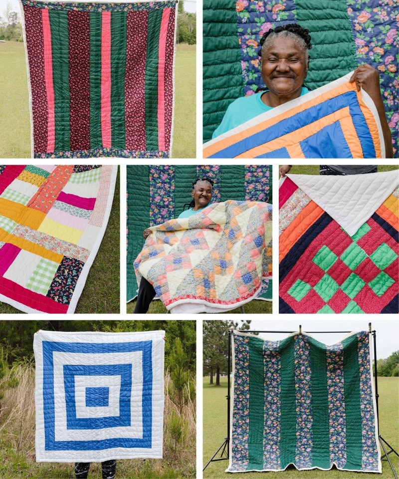 A collage of Gee's Bend quilter Katie Mae Pettway and her quilts.