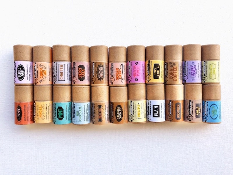 Flavored lip balms from Etsy in two rows