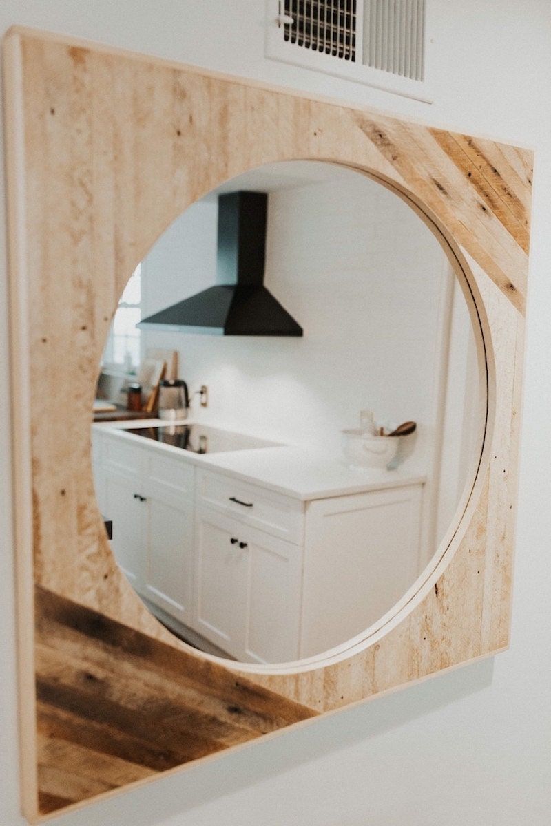 Custom reclaimed wood mirror from Gomez Design Studio