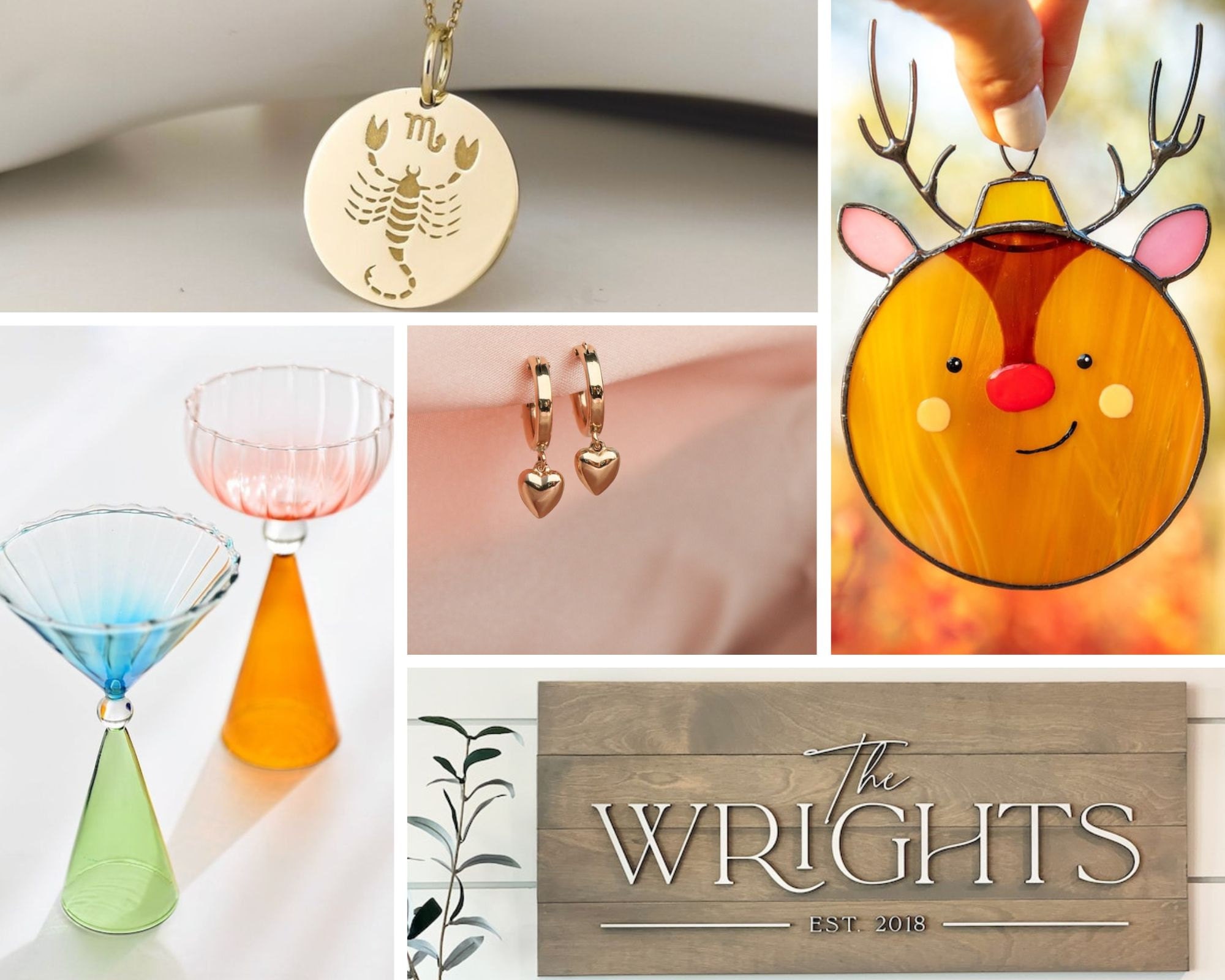 A collection of well-crafted gift ideas from Etsy, including glassware, jewelry, ornaments, and a wedding sign.