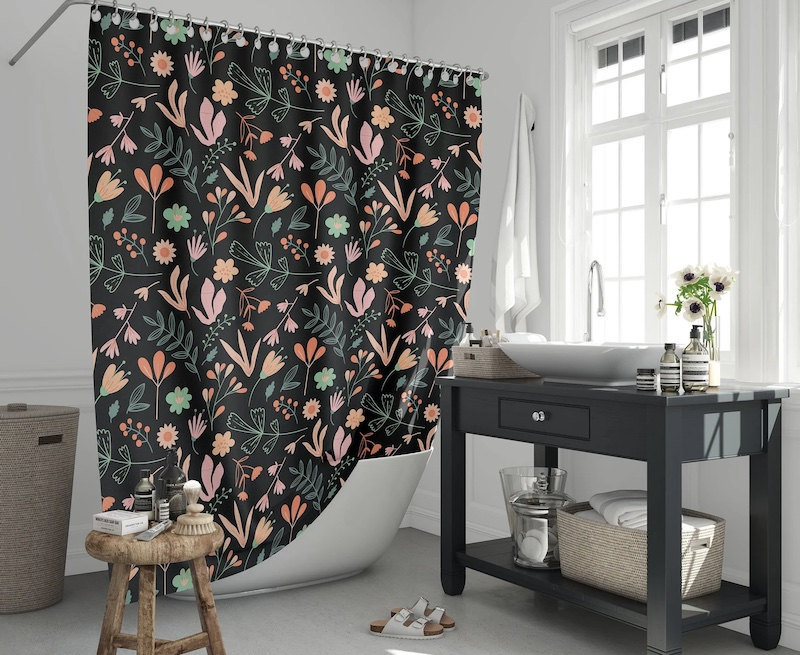 Black flower shower curtain from Etsy