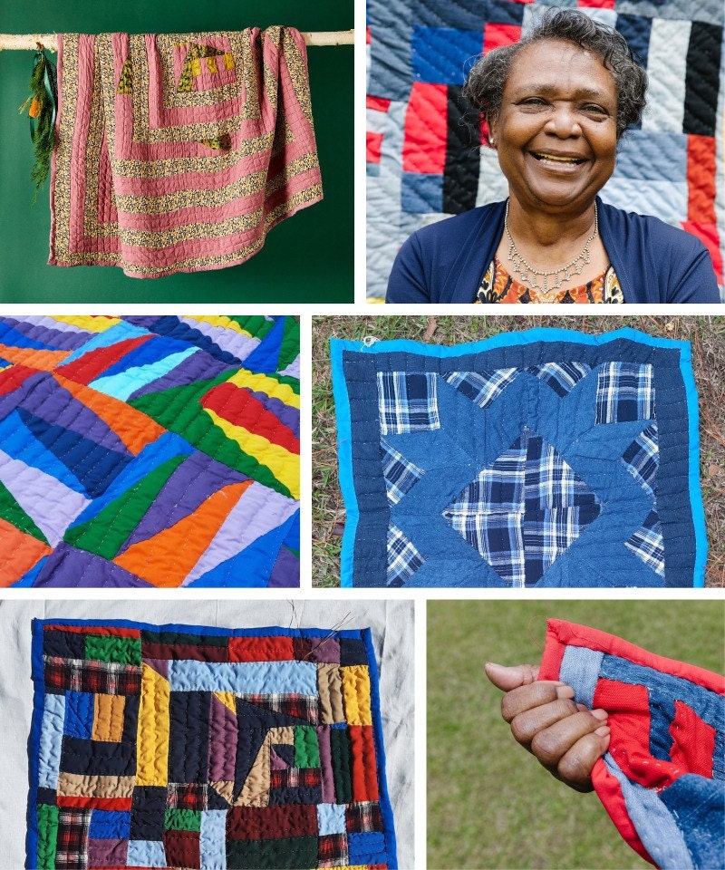 A collage of Gee's Bend quilter Stella Mae Pettway and her quilts.