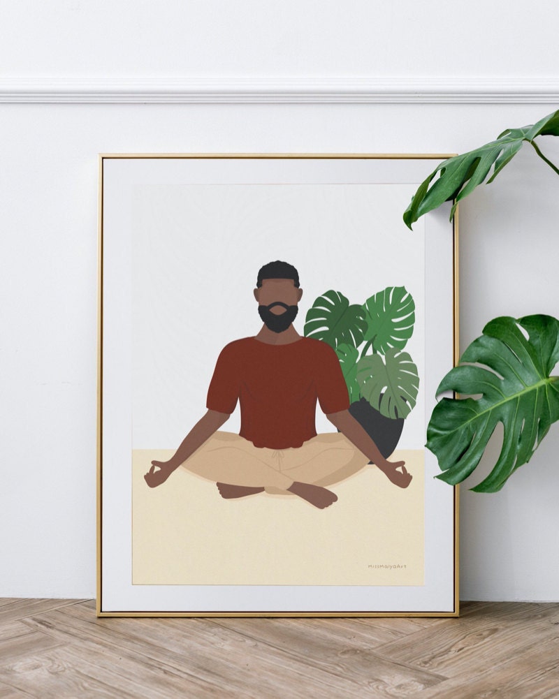 A meditating man frameable print from Miss Maiya Art, a Black-owned Etsy business