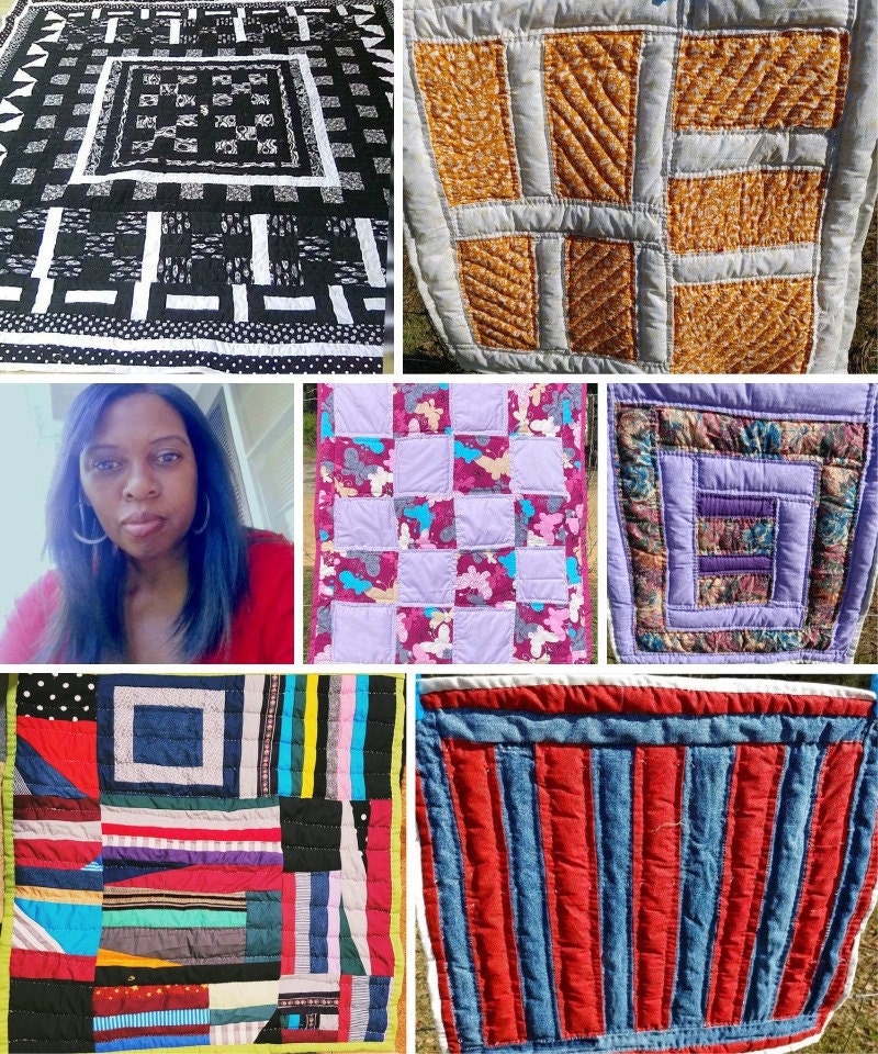 A collage of Gee's Bend quilter Claudia Pettway Charley and her quilts.