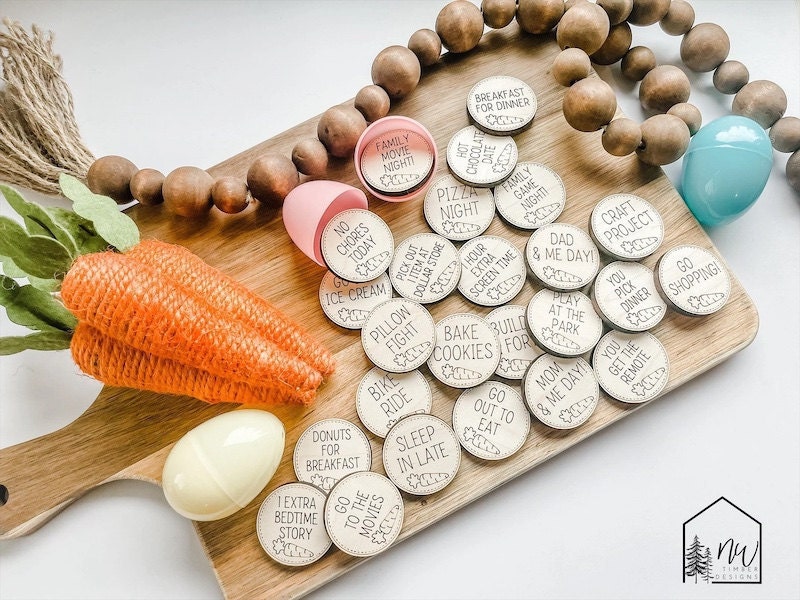 Kids Easter basket idea - Wooden Easter tokens for Easter eggs Kids Easter basket idea - Wooden Easter tokens for Easter eggs