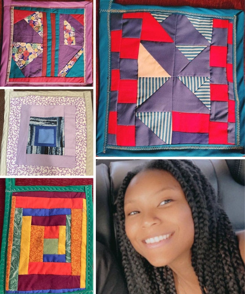 A collage of Gee's Bend quilter Francesca Charley and her quilted creations