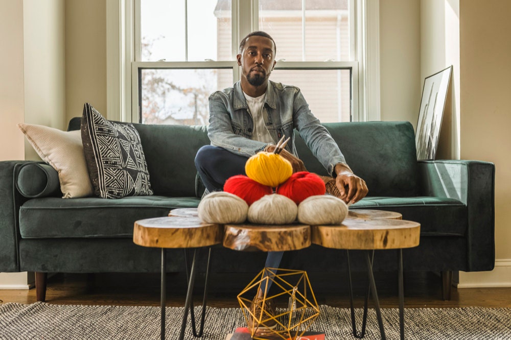 Portrait of knitwear designer and Loop'n Threads owner Nathan Bryant in his Virginia studio