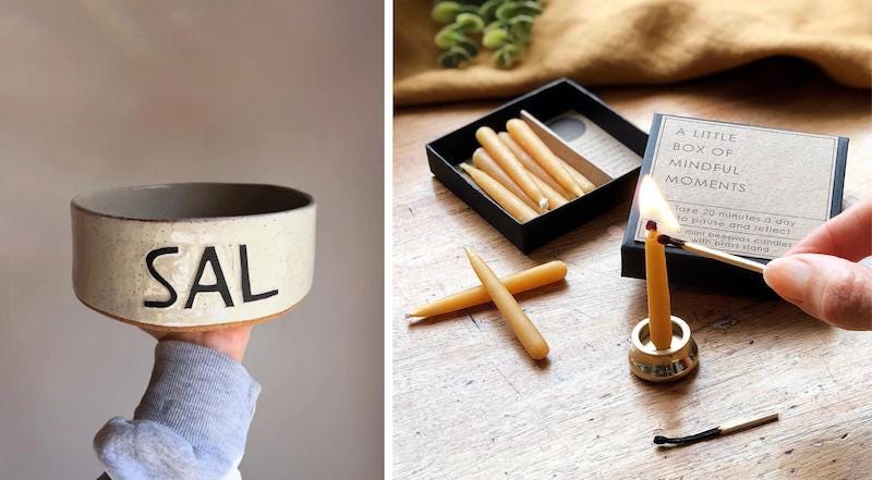 A customized dog bowl and box of candles with a 20-minute burn time for mindfulness