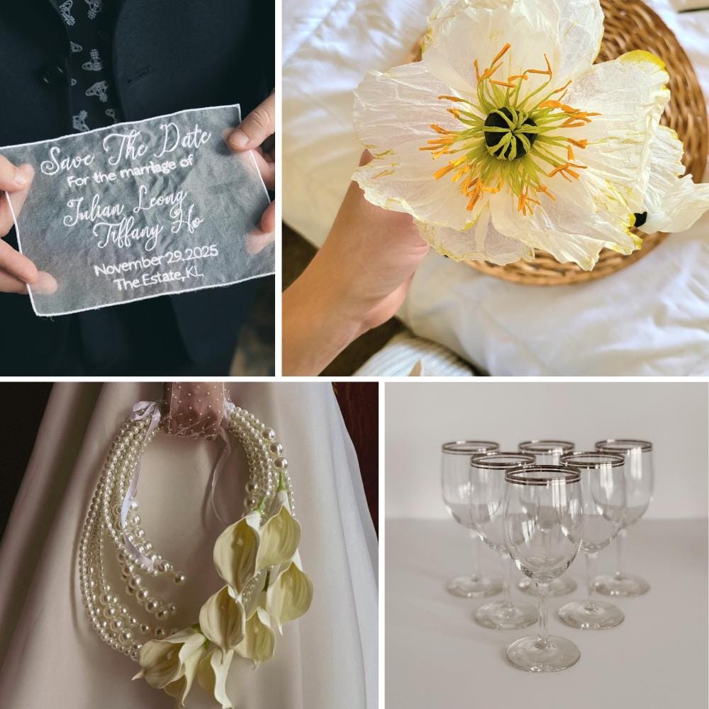 A collage of wedding related items including botanicals and personalized details