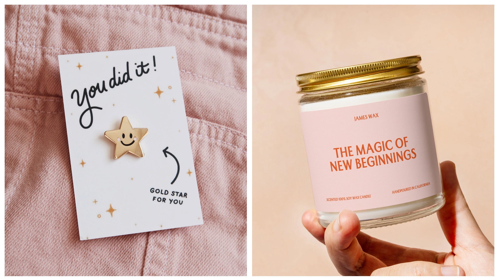 Two product photos, one is a gold star lapel pin and the other is a candle