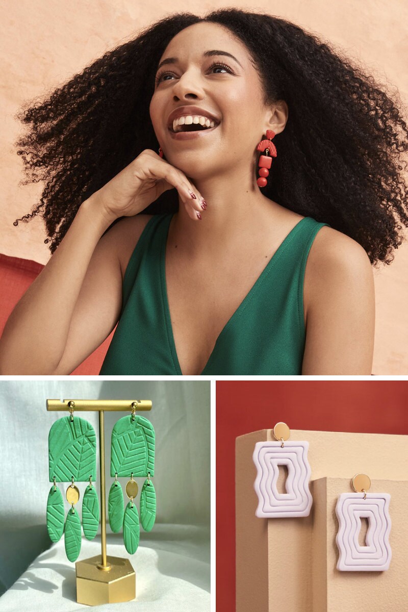 Juliana Pache of Clay Jewels by Jules; green clay chandelier earrings; squiggly rectangular clay earrings