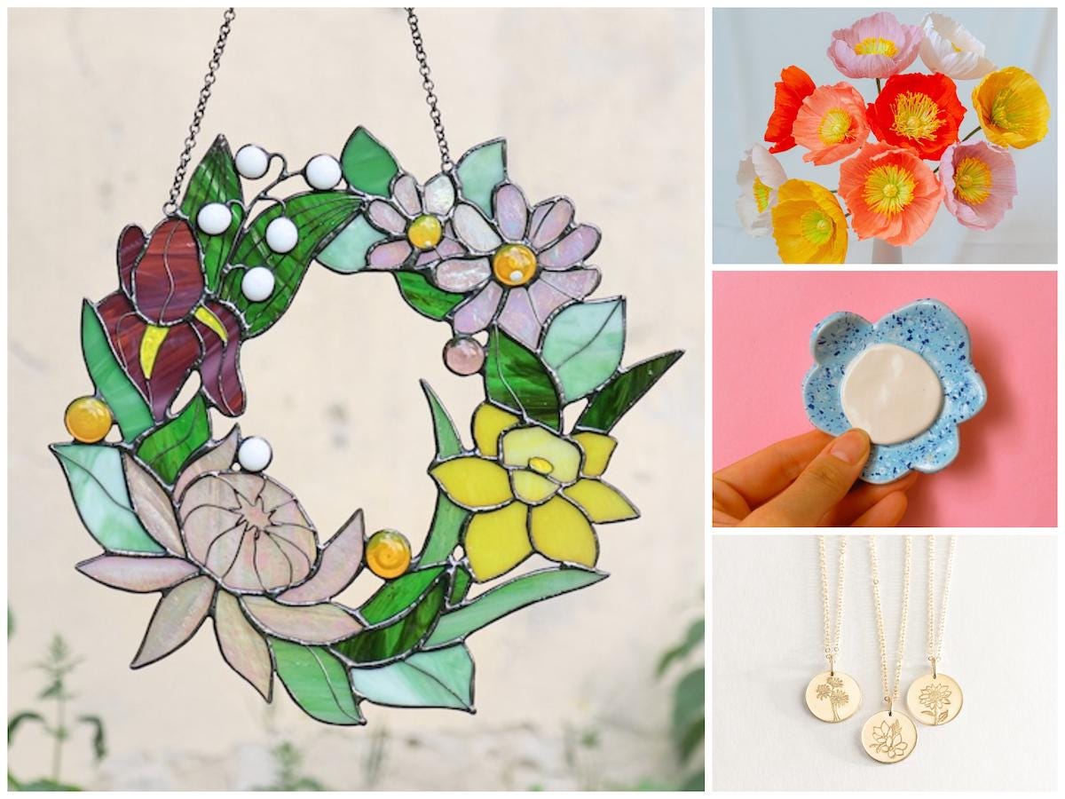 Stained-glass floral wreath, paper poppies, small flower-shaped dish, and birth flower necklaces from Etsy.
