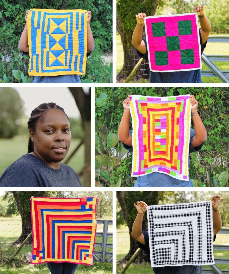 A collage of Gee's Bend quilter Veronica Lavette Saulsberry and her quilts.