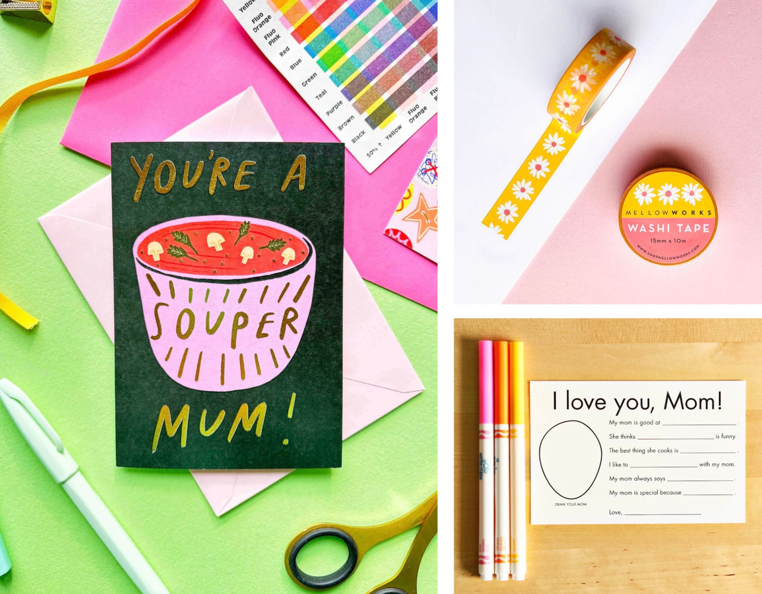 An illustrated mother's day card, flower print washi tape, and a printable fill in the blank note for mom