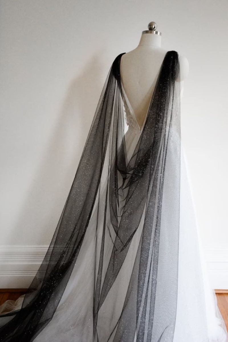 Black shimmer shoulder tulle cape