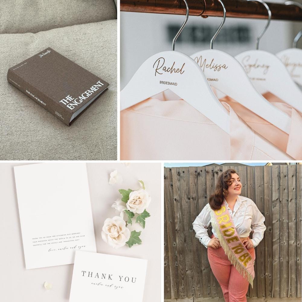 A collage of items celebrating ministone moments, from engagement to bachelorette