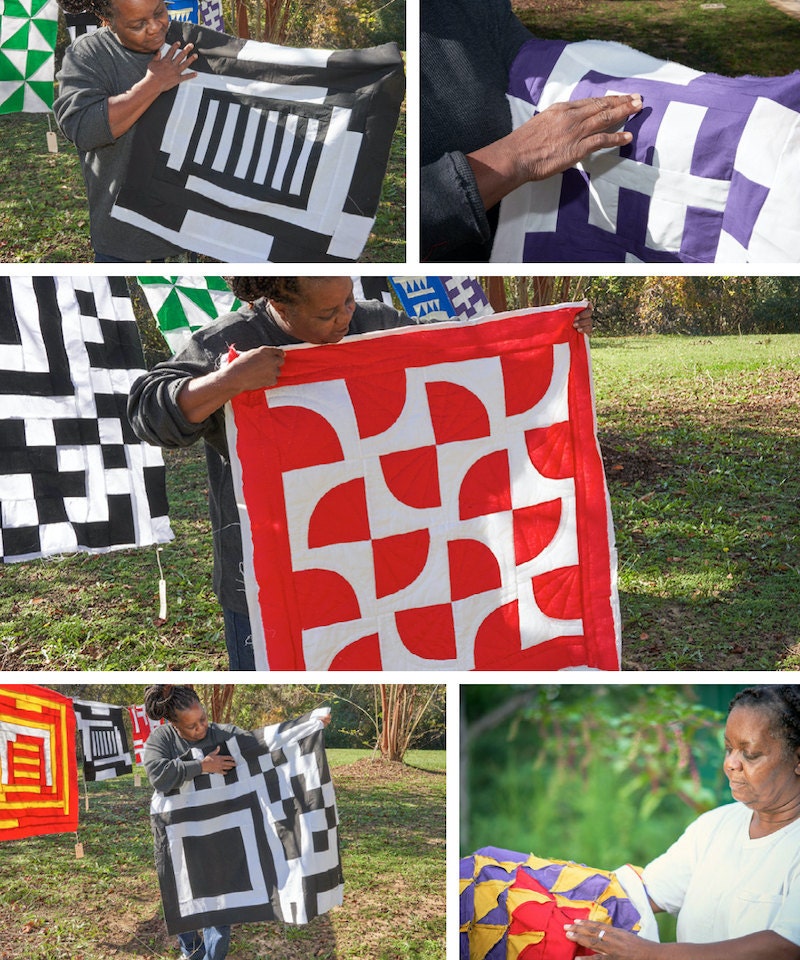 A collage of Gee's Bend quilter Mary Margaret Pettway posing with her various quilts.