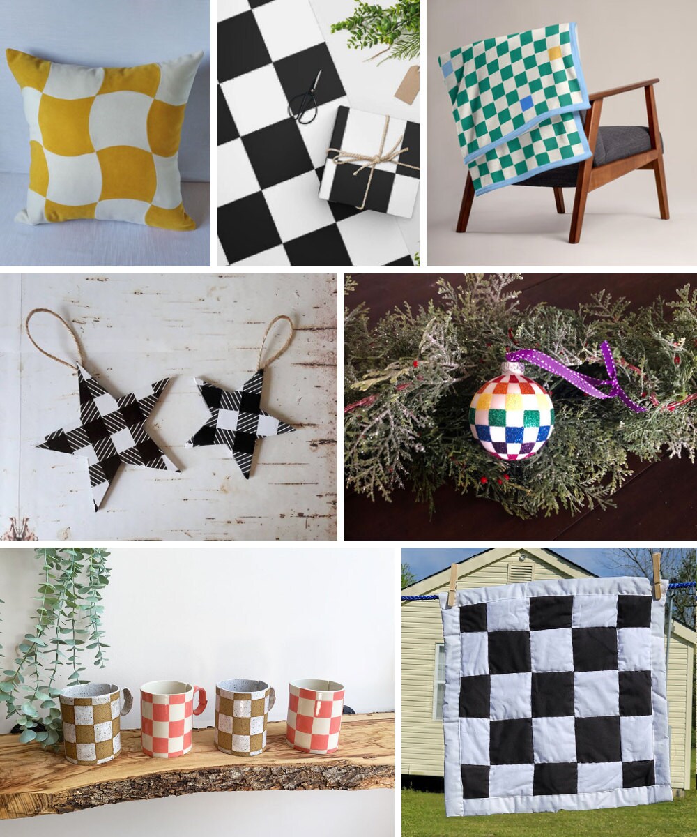 A collage of checkerboard patterned holiday decor from Etsy A collage of checkerboard patterned holiday decor from Etsy