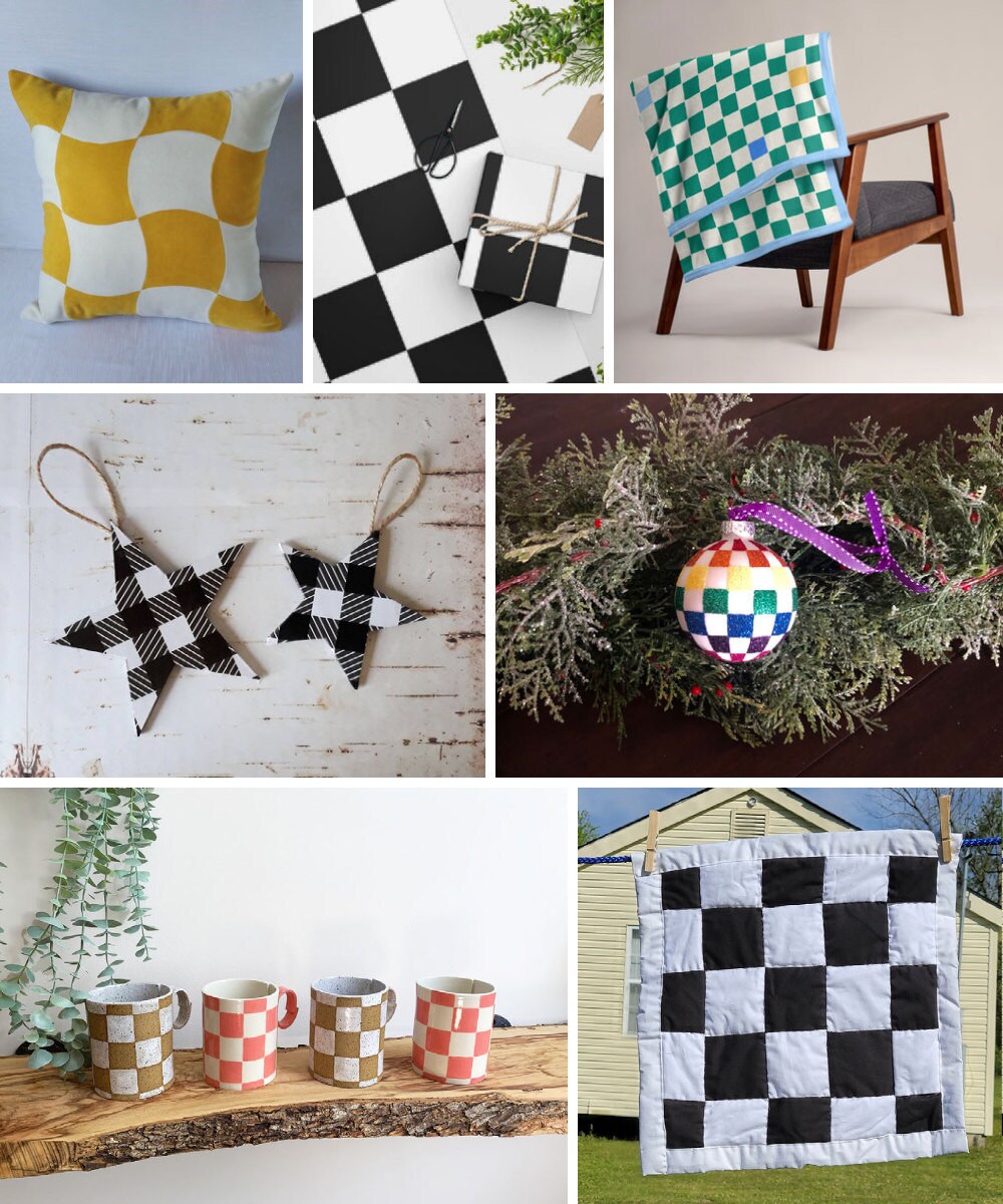 A collage of chequerboard patterned Christmas decor from Etsy