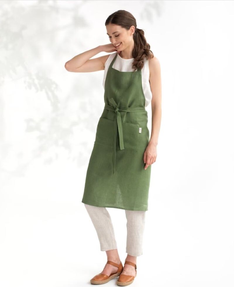 Sage green linen apron