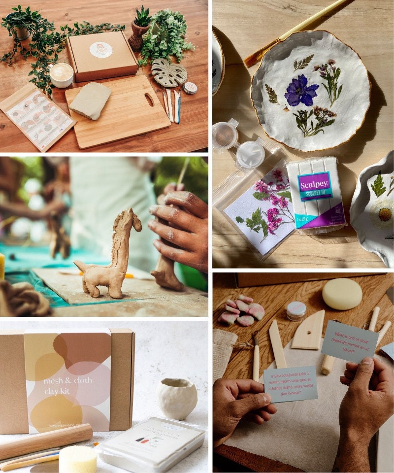 An assortment of DIY pottery-making kits created by Etsy sellers.