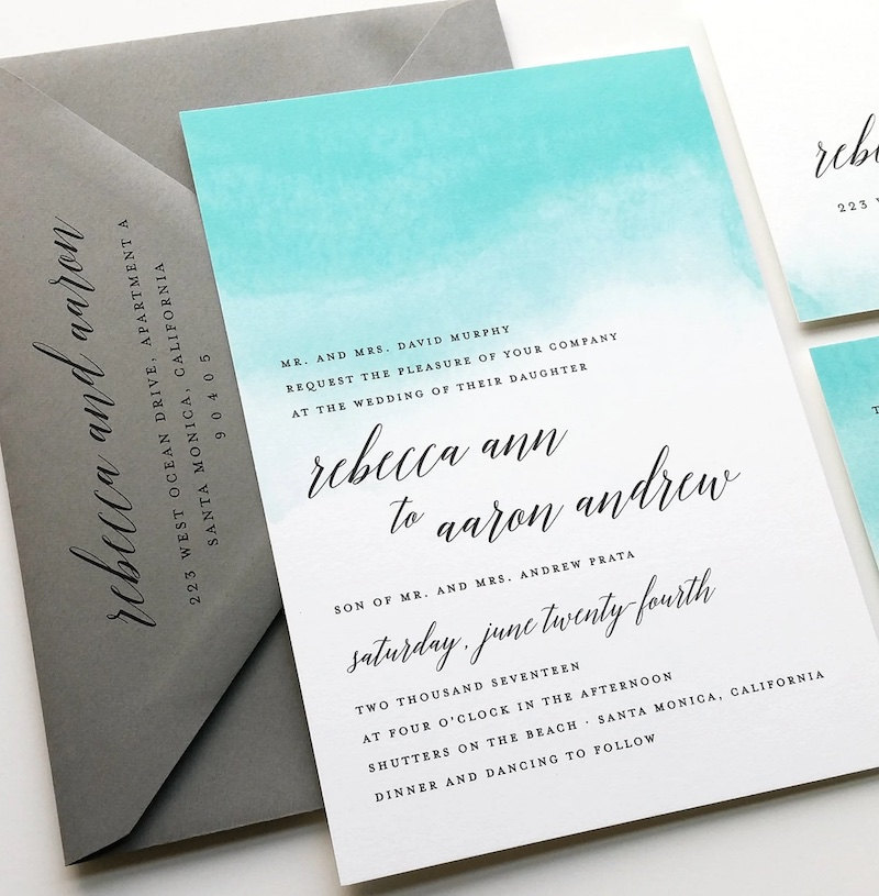 Beachy watercolor wedding invitations from Etsy