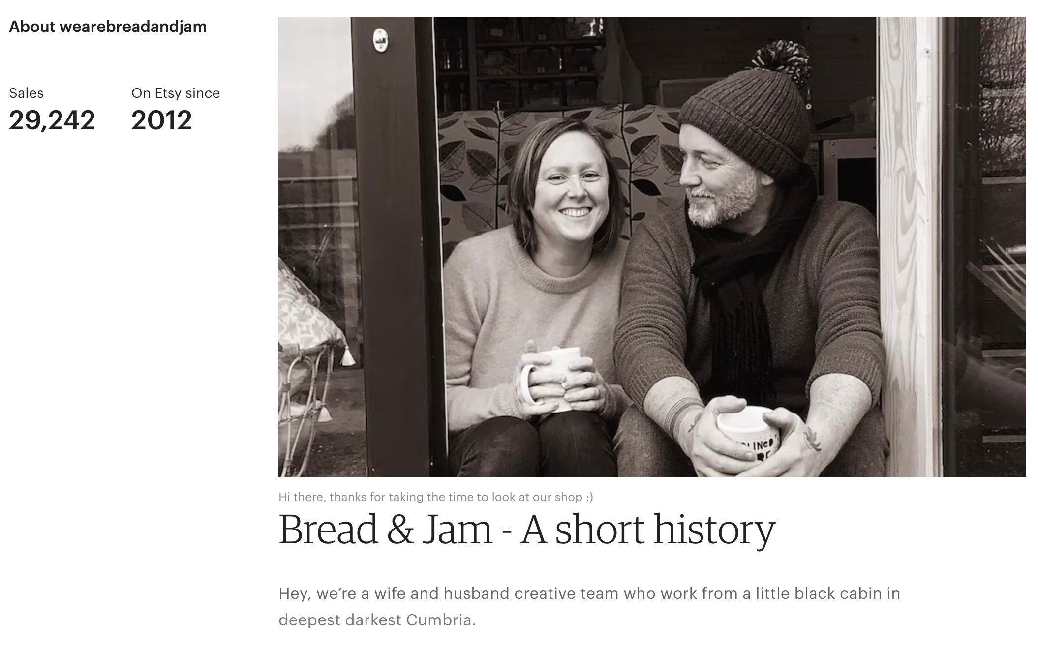 A preview of Bread & Jam's about section, a smiling woman and man sitting together