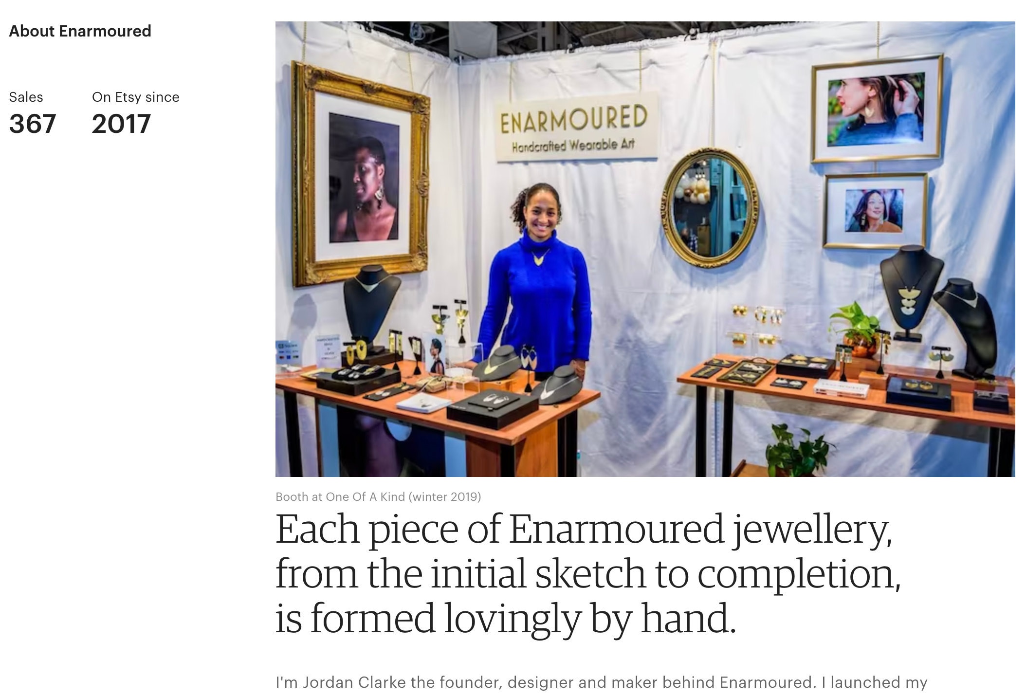 A preview of Jordan Clarke's about section, featuring a woman standing at a stylish booth displaying her jewelry designs
