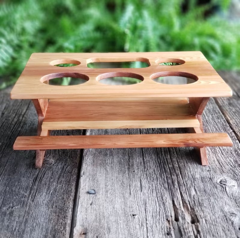 Wooden picnic table condiment caddy