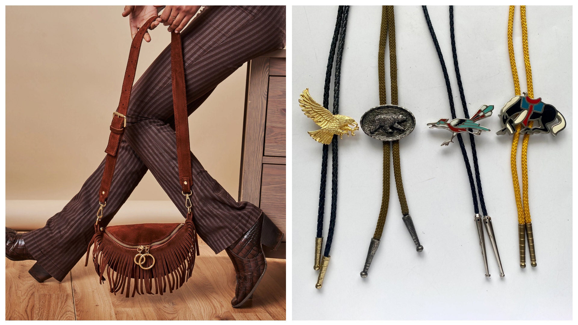 A brown fringed handbag and an assortment of western style bolo ties