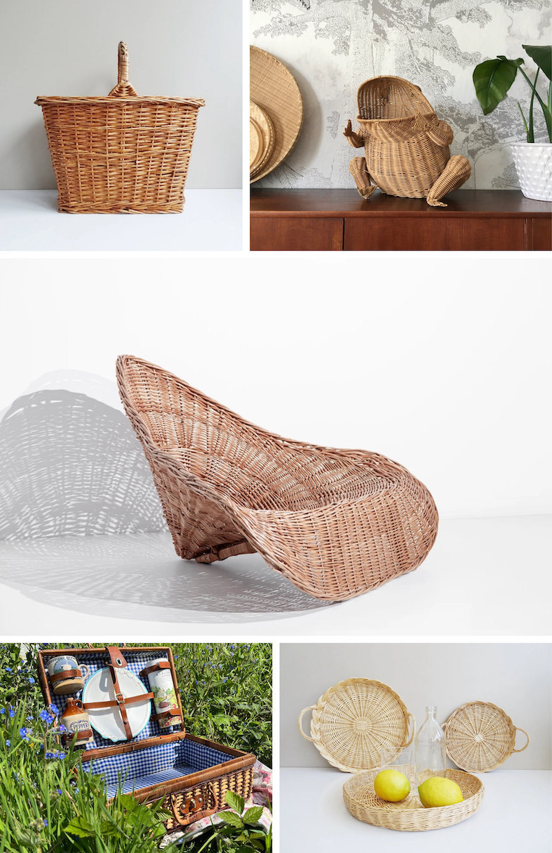 A collage of home decor items made from wicker