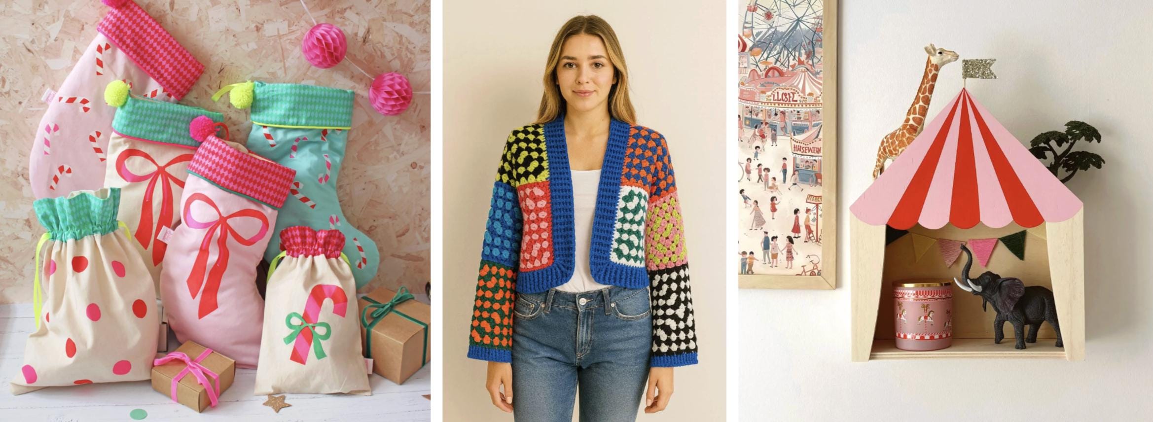 Etsy Play Haus trend—bright stockings, graphic cardigan, circus shelf