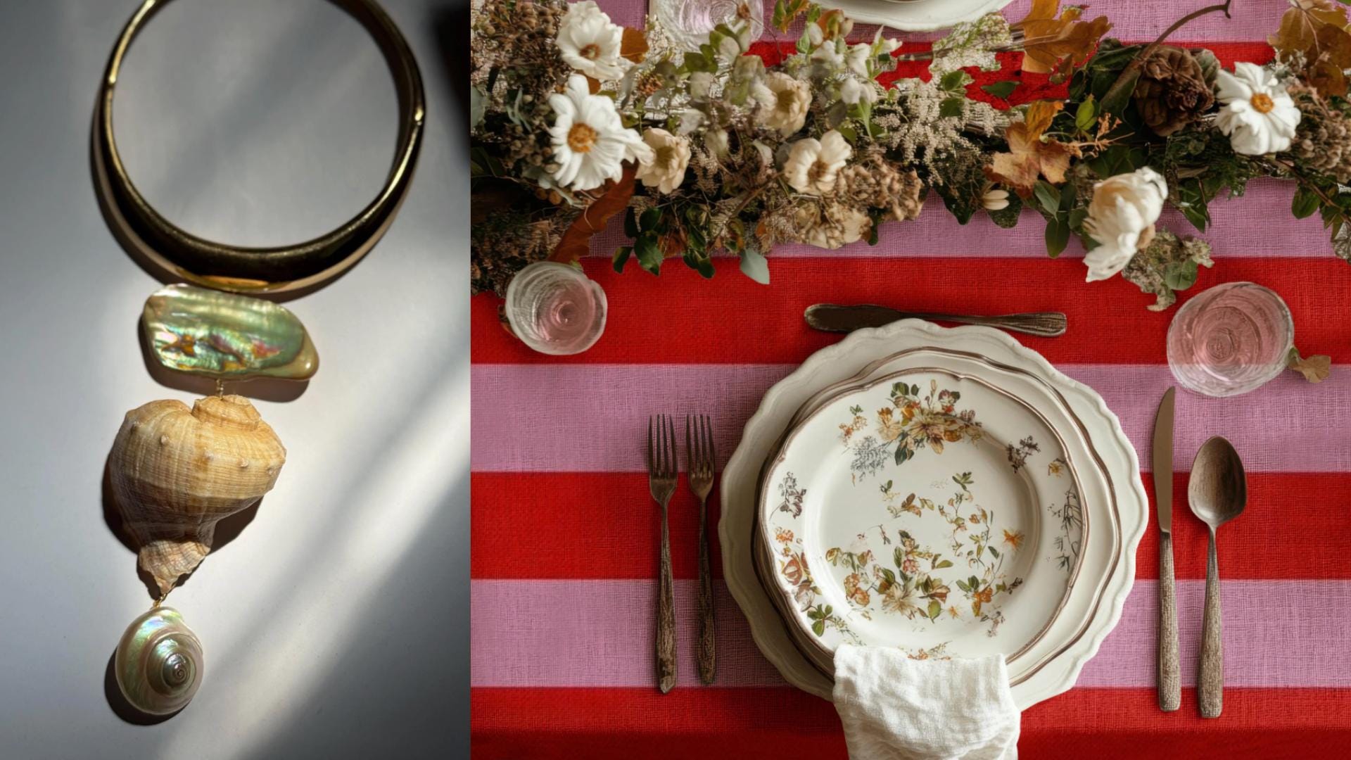 Etsy Seller Trend Report imagery: glittering shell jewelry and a striped red-pink holiday table with vintage floral plates