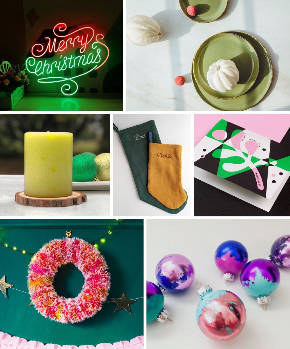 A collage of colourful Christmas decor available on Etsy