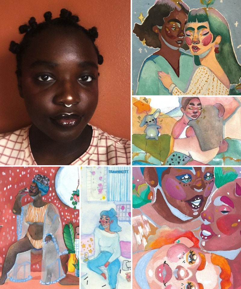 A collage of art prints from Chiommani pictured alongside seller Chiomma Imani Hall