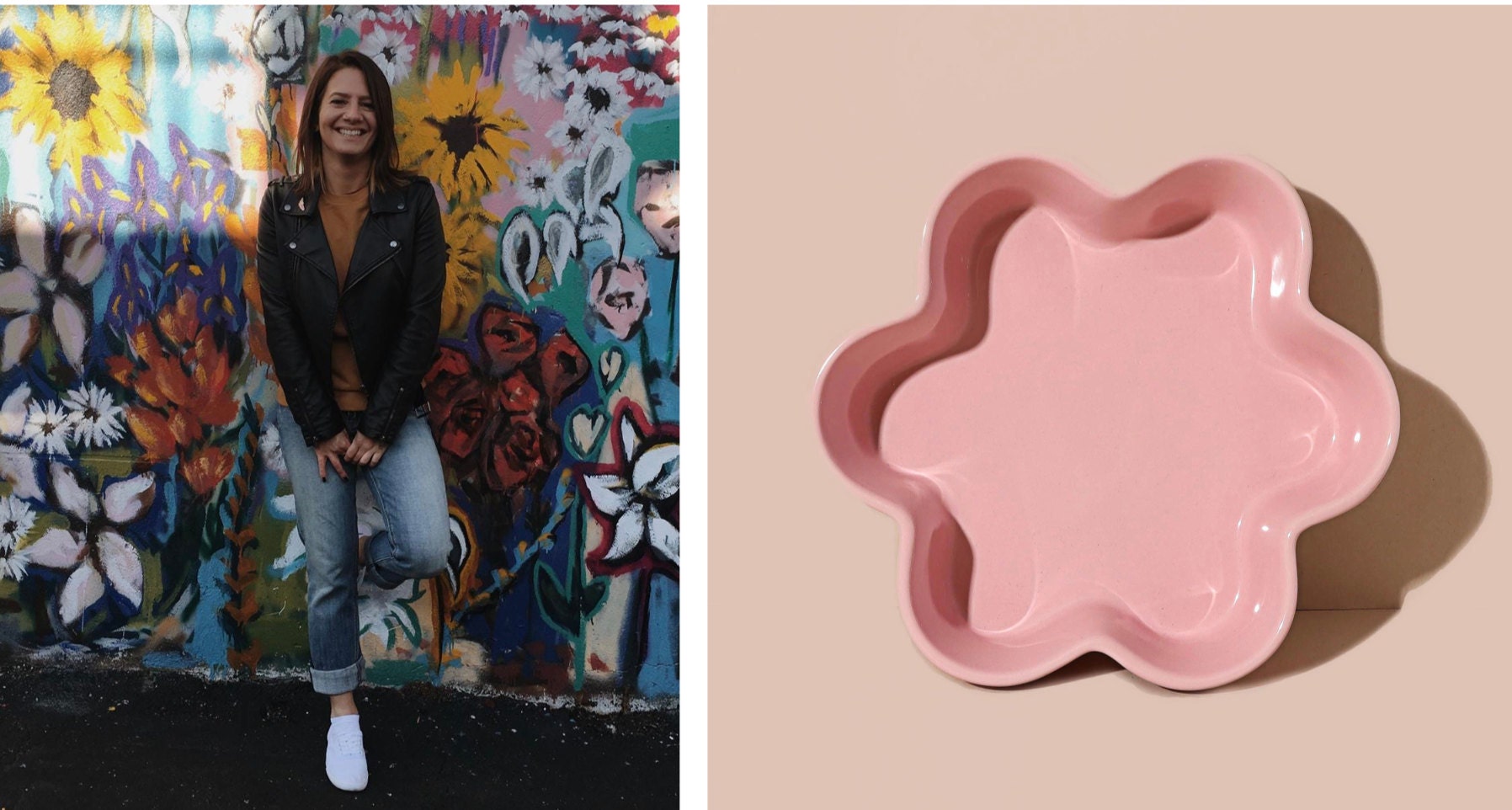 Erica and her submission, a pink fluted ceramic dish