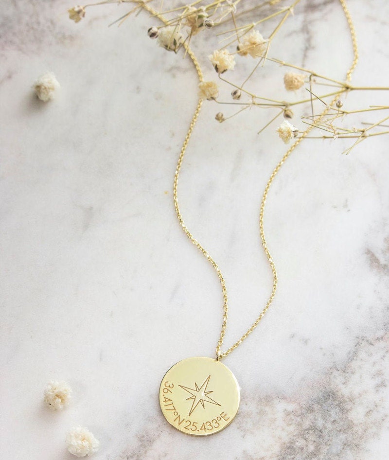 Custom engraved coordinates gold necklace