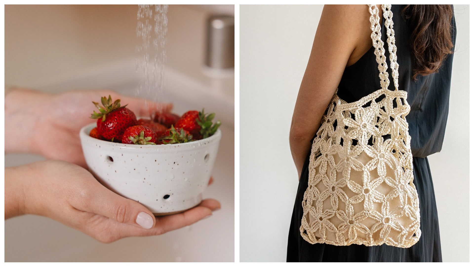 A ceramic bowl and crocheted white shoulder bag with flowers