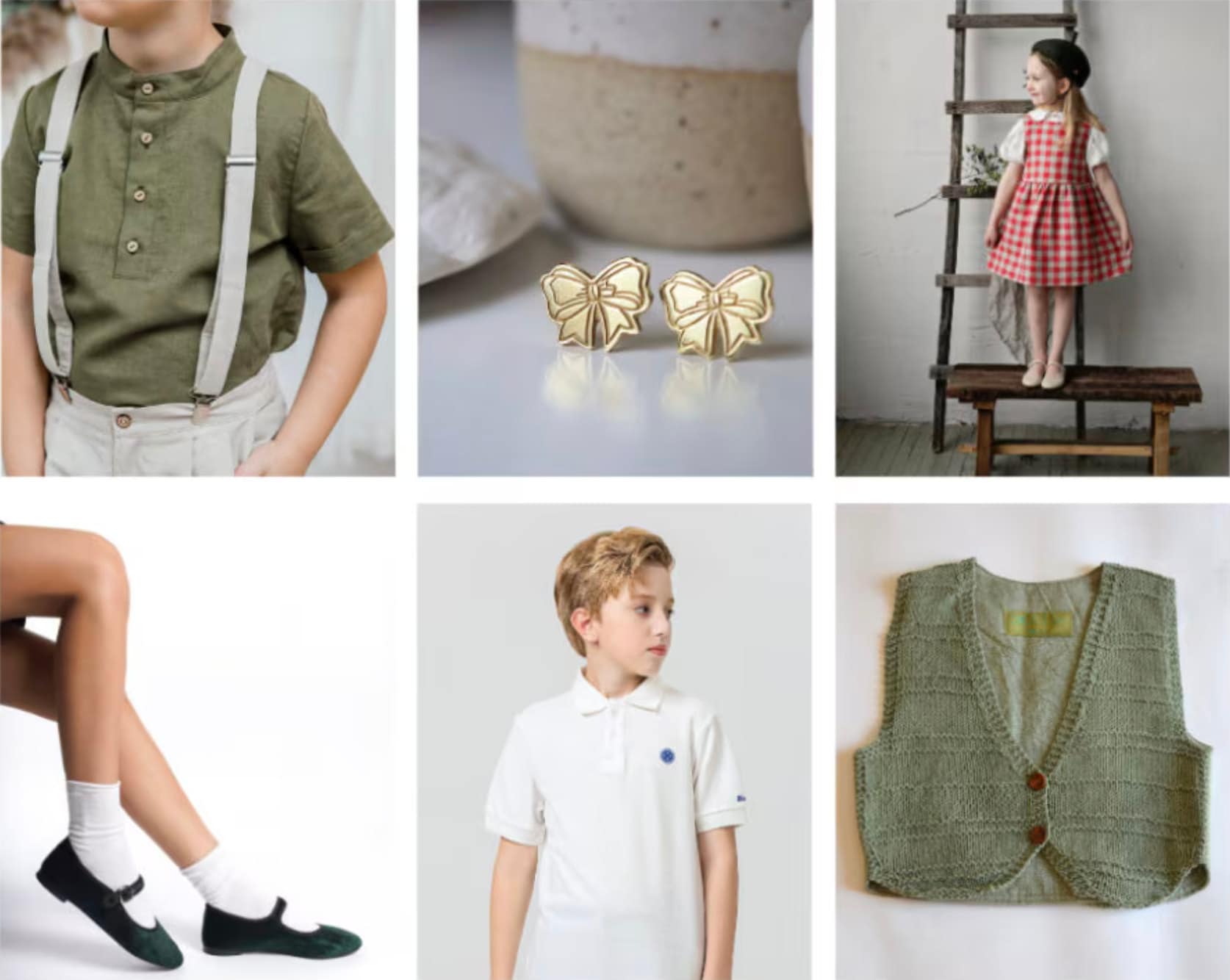 A collage of accessories and clothing, featuring a boy in suspenders, box earrings, black mary janes, and a knit green vest