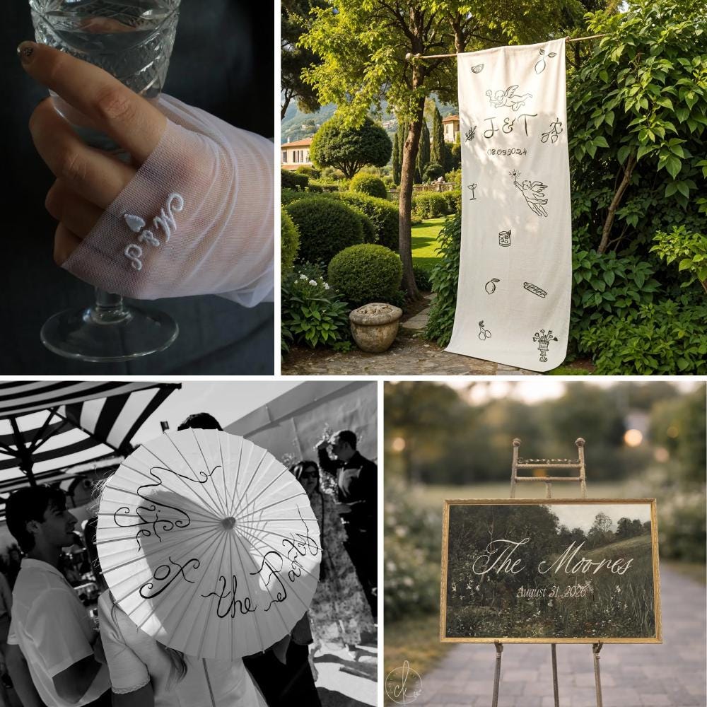 A collage of personalized wedding items including signage and accessories