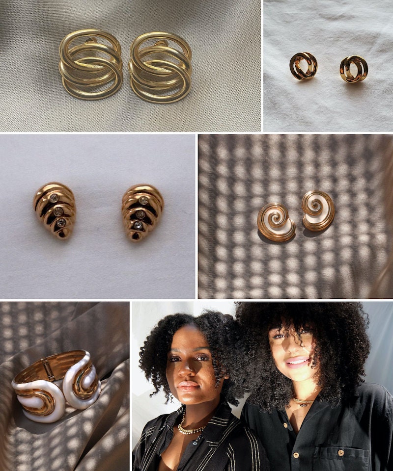 A collage of vintage jewelry from BLACKFEMME pictured alongside a portrait of co-curators Sydney Jackson and Casey Mattis.