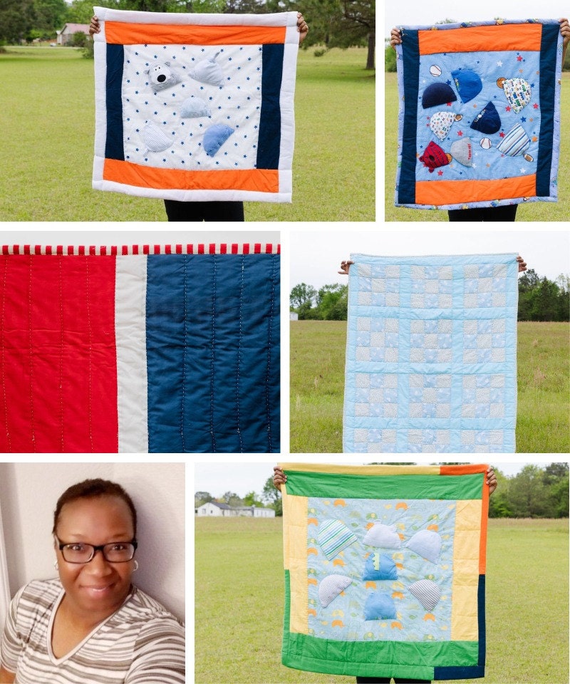 A collage of Gee's Bend quilter Joeann Pettway West and her quilts.